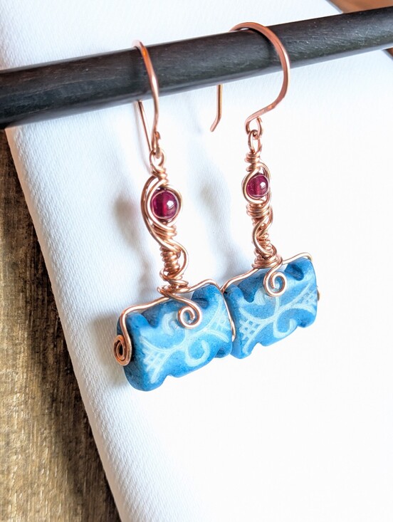 Artisan Jewelry - Viking Inspired Earrings Carved Vintage Glass And Garnets In Copper